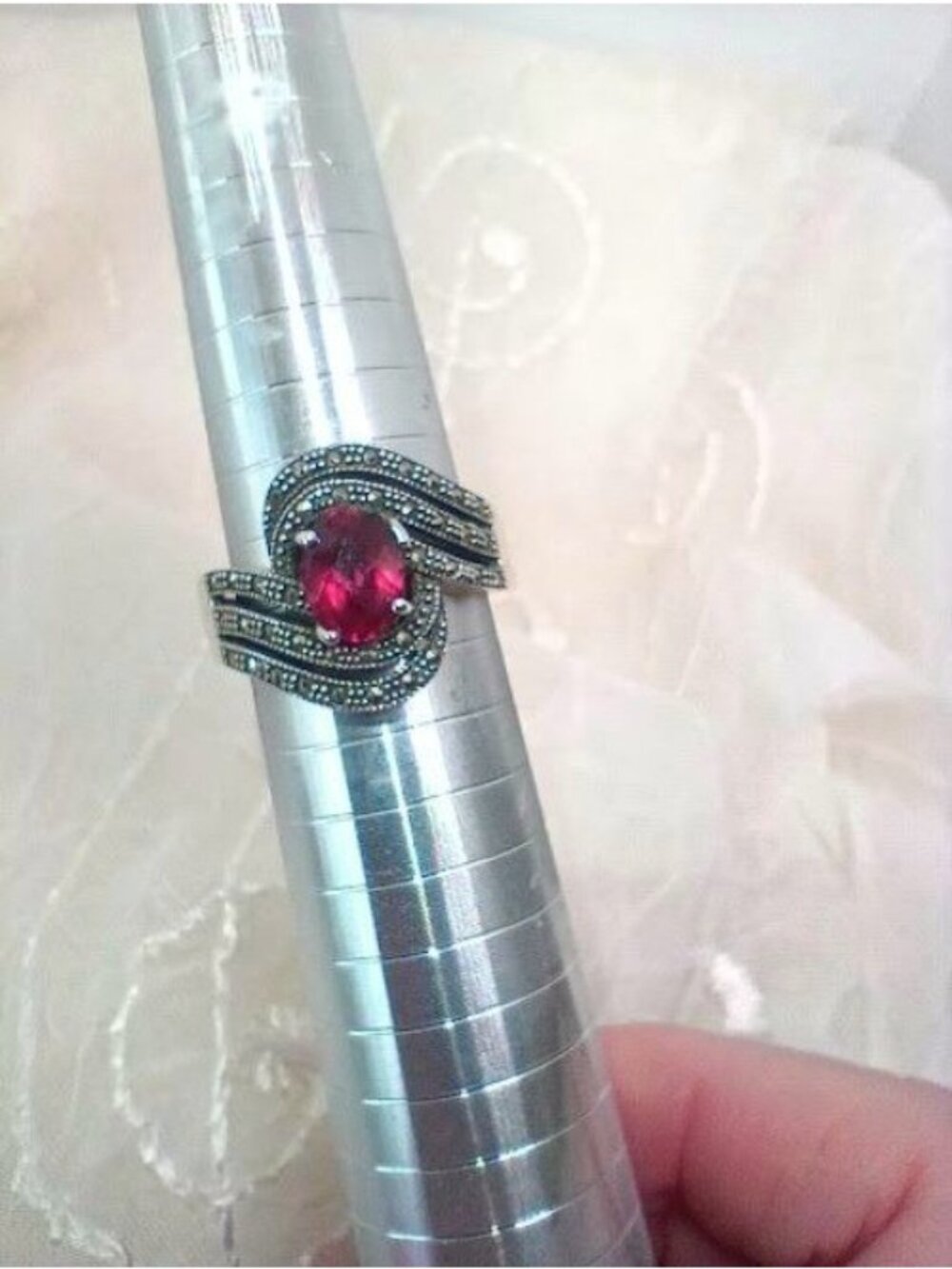 Set 2 Rings ESPO Blue Marquise Rhinestone 18k Heavy Gold Electroplate & Red Oval - Picture 7 of 9